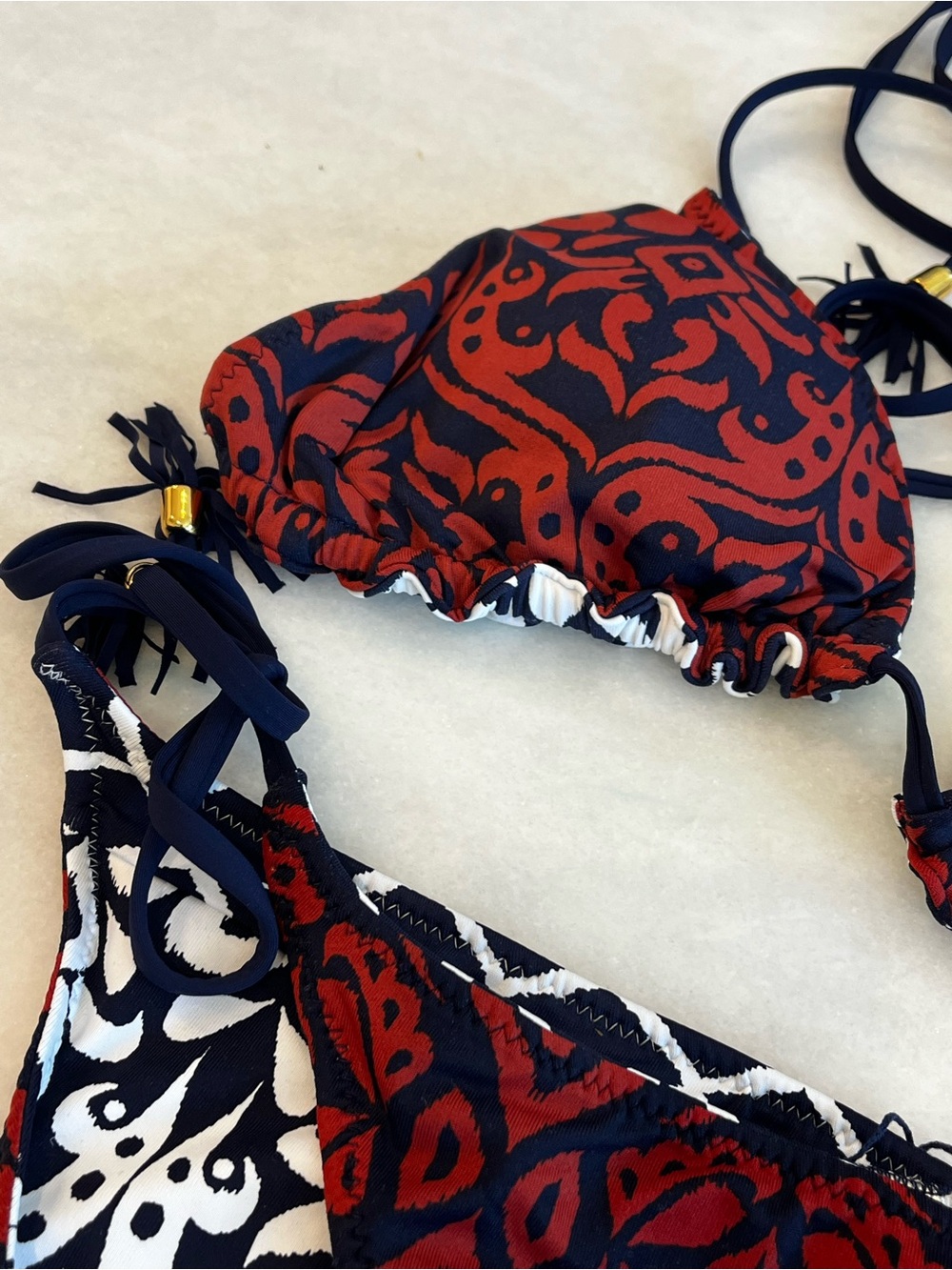 Tommy Bahama Reversible Ikat Diamonds Navy White Brick String Bikini Size XS - Picture 8 of 12